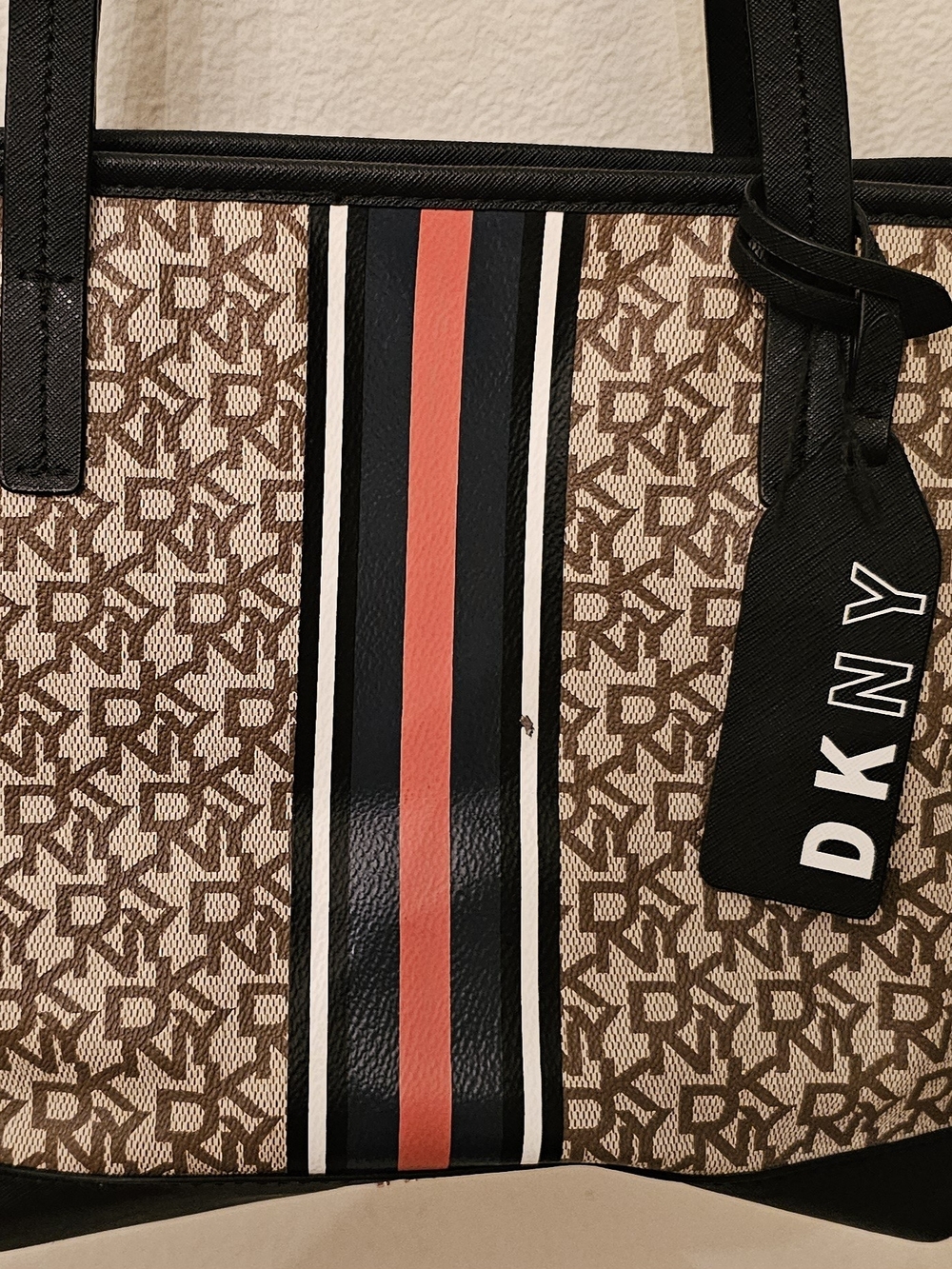 DKNY Brown Monogram Stripe Tote Bag with Coral Accent